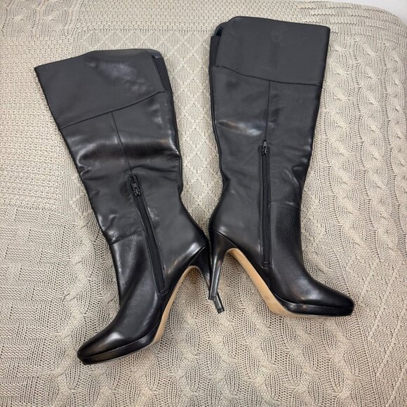 Audrey Brooke Black Knee-High Leather High Heel Platform Wide Calf Boots - Picture 2 of 7